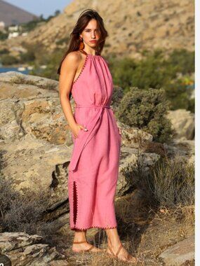 Buggy Hera Linen Halter Neck Dress Womens Small Pink Rose Sleeveless Belted Maxi